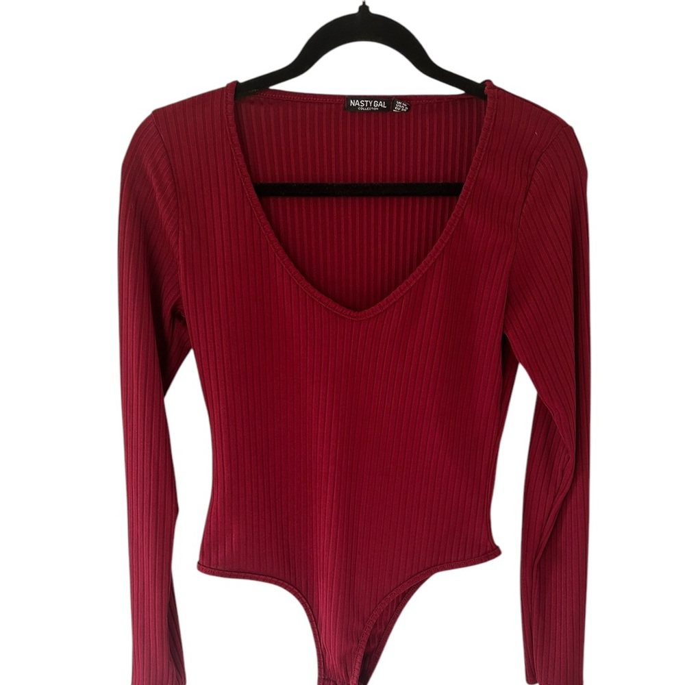 Nasty Gal Red Long Sleeve Ribbed Bodysuit